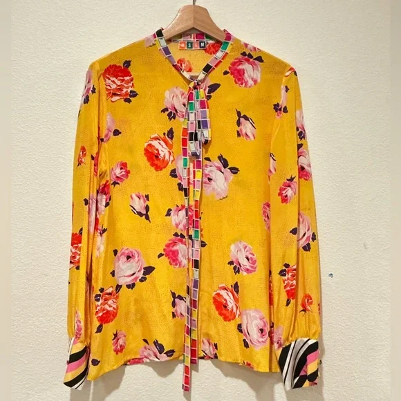 MSGM 100% Silk Yellow Floral Tie-Neck Blouse Size 40 Designer Italian - Picture 3 of 7